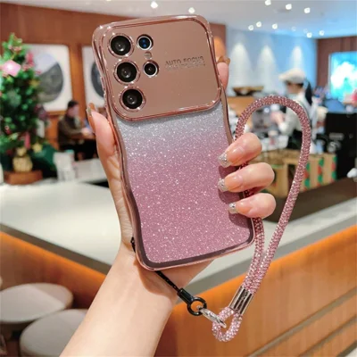 Samsung Galaxy S25 Ultra-hoesje met bandje, gradient glitter, elektrolytisch TPU-hoesje - Roze