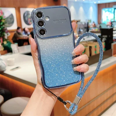 Voor Samsung Galaxy S25 hoesje met bandje, gradient glitters, elektrolytisch TPU telefoonhoesje - Blauw