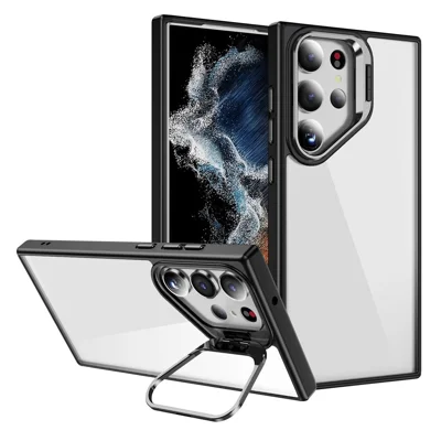 For Samsung Galaxy S23 Ultra Case Lens Frame Kickstand TPU + Acrylic Protective Phone Cover - Black
