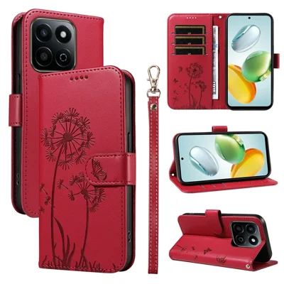 Leather Case for Honor Play 60 Plus 5G / 200 Smart 5G / Play 9T / X7c 4G Wallet Phone Cover Dandelion Imprint - Red