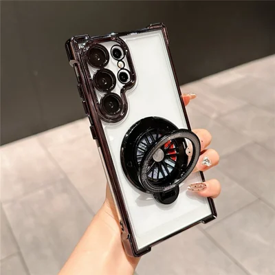 Voor Samsung Galaxy S23 Ultra Hoesje met Gyroscoop Stand Electrolytisch Gegalvaniseerd TPU PC Mobiel Cover - Zwart