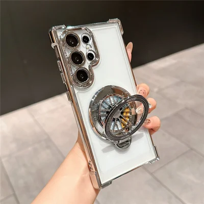 For Samsung Galaxy S23 Ultra Phone Case Gyroscope Kickstand Electroplating TPU PC Mobile Cover - Silver