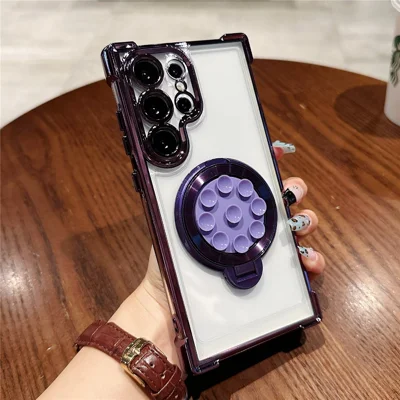 For Samsung Galaxy S24 Ultra Magnetic Case Suction Cup Kickstand PC Phone Cover with Four Corner Airbag - Purple