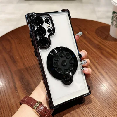 For Samsung Galaxy S23 Ultra Magnetic Case Suction Cup Kickstand PC Phone Cover with Four Corner Airbag - Black