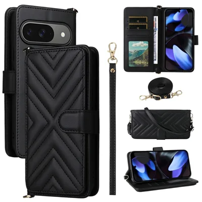 For Google Pixel 9 Pro / Pixel 9 Wallet Case with Shoulder / Wrist Strap Leather Phone Cover Stand - Black