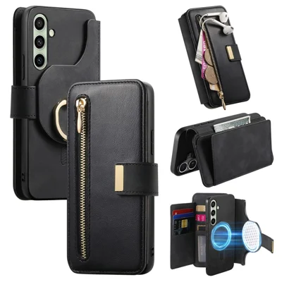 For Samsung Galaxy S24 FE Magnetic Leather Case with Detachable RFID Blocking Zipper Wallet Cover - Black