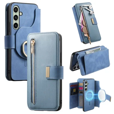 For Samsung Galaxy A55 5G Magnetic Leather Case with Detachable RFID Blocking Zipper Wallet Cover - Blue