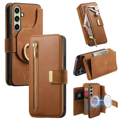 For Samsung Galaxy A34 5G Magnetic Leather Case with Detachable RFID Blocking Zipper Wallet Cover - Brown
