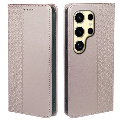 For Samsung Galaxy S24 Ultra Case Four Leaf Clover Leather Flip Phone Cover Stand Wallet - Rose Gold