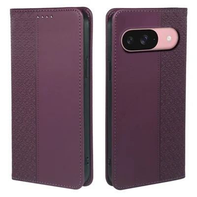 For Google Pixel 9 / Pixel 9 Pro Case Four Leaf Clover Leather Flip Phone Cover Stand Wallet - Dark Purple