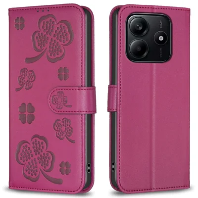 Voor Xiaomi Redmi Note 14 4G (163,25 mm) hoesje met klaverpatroon portemonnee staander lederen telefoonhoes - Roze