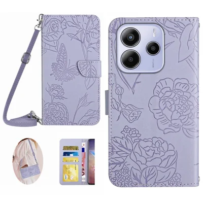 Voor Xiaomi Redmi Note 14 4G (163,25 mm) hoesje met vlinder- en bloemenprint in lederen uitvoering met schouderband - Paars