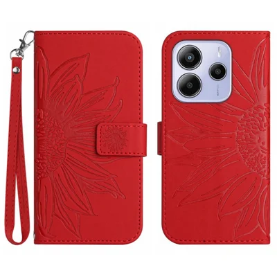 Voor Xiaomi Redmi Note 14 4G (163,25 mm) hoesje met zonnebloemprint lederen portemonnee hoes met polsbandje - Rood
