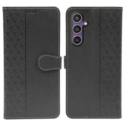 For Samsung Galaxy S23 FE Case Magnetic Clasp Four Leaf Clover Leather Phone Cover - Black