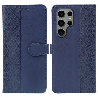 Voor Samsung Galaxy S23 Ultra Hoesje met Magnetische Sluiting Vierbladige Klover Leren Telefoonhoes - Blauw