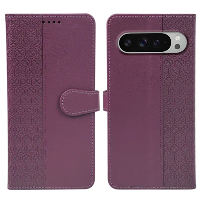 For Google Pixel 9 Pro XL Case Magnetic Clasp Four Leaf Clover Leather Phone Cover - Dark Purple