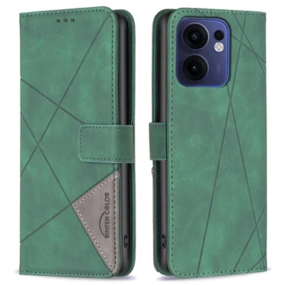 BINFEN COLOR For Oppo Reno13 F 5G (Reno 13 FS 5G) / 4G Phone Cases Wallet Stand Geometry Imprint Leather Cover - Green
