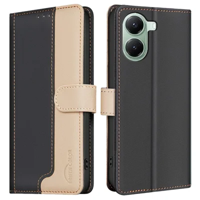 BINFEN COLOR BF33 telefoonhoesje voor Xiaomi Poco X7 Pro 5G / Redmi Turbo 4 5G Leren cover Gespliced kleurenontwerp RFID-blokkering - Zwart