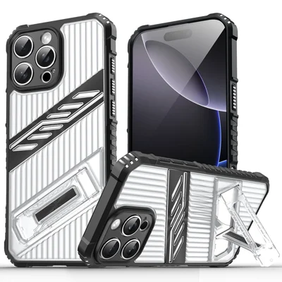 For iPhone 16 Pro Case Folding Kickstand PC + TPU Anti Drop Phone Cover - Transparent Black