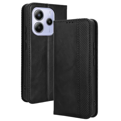 Voor Xiaomi Redmi Note 14 4G (163,25 mm) Leren Hoesje Portemonnee Stand Retro Structuur Telefoonhoes - Zwart