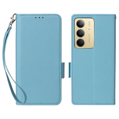 For Realme 14x 5G / V60 Pro 5G / C75 4G Case with Wrist Strap Litchi Texture PU Leather Wallet Phone Cover - Baby Blue