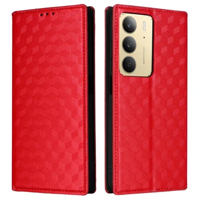 Leather Case For Realme 14x 5G / C75 4G / V60 Pro 5G Rhombus Imprinted Wallet Phone Cover - Red