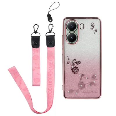 KADEM voor Xiaomi Poco X7 Pro 5G hoesje met bloemenpatroon TPU gradient telefoonhoesje met lanyards - Roze goud