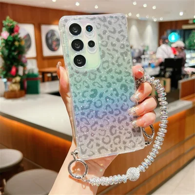 Voor Samsung Galaxy S23 Ultra Hoesje Gradiënt TPU Telefoonhoesje met Glitter Kaartje Rhinestones Decoratieve Band - Zwart