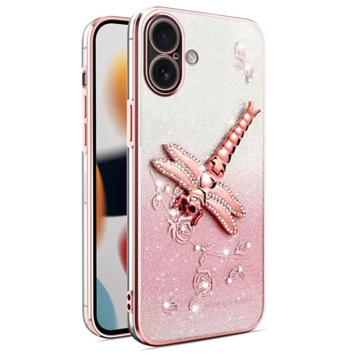 KADEM voor iPhone 16 hoesje Libelle staander TPU Bloemen Glitter telefoonhoes - Roze