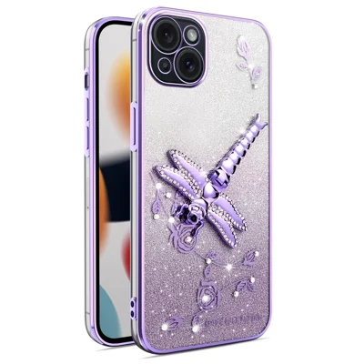 KADEM voor iPhone 14 hoesje Libelle staander TPU Bloemen Glitter telefoonhoes - Paars