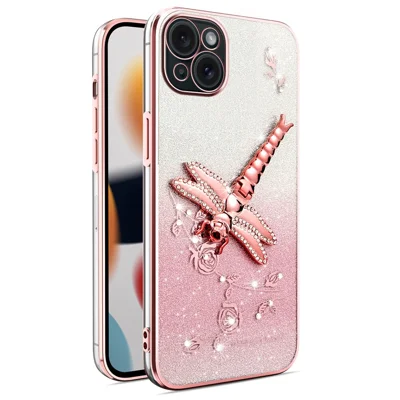 KADEM voor iPhone 13 hoesje Libelle Standaard TPU Bloemen Glitter telefoonhoes - Roze