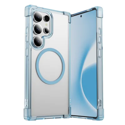 For Samsung Galaxy S23 Ultra Magnetic Case Reinforced Corners TPU + Acrylic Back Cover - Transparent Blue