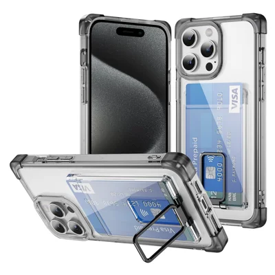 For iPhone 15 Pro Max Case Reinforced Corners TPU + Acrylic Phone Cover with Kickstand Card Holder - Transparent Black