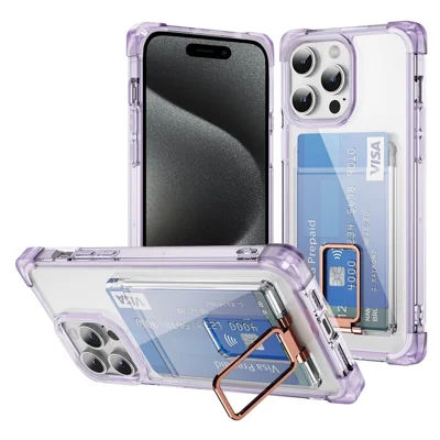 iPhone 15 Pro-hoes met Versterkte Hoeken TPU + Acryl Telefoonhoes met Standaard en Kaarthouder - Transparant Paars