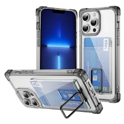 For iPhone 13 Pro Case Reinforced Corners TPU + Acrylic Phone Cover with Kickstand Card Holder - Transparent Black