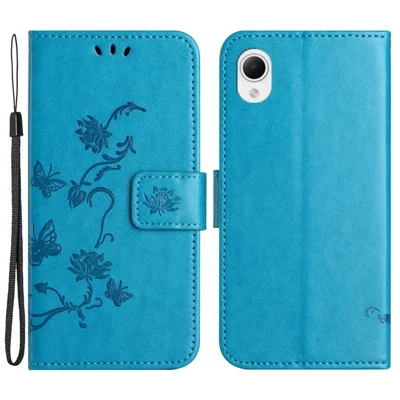 Phone Case for Samsung Galaxy A23e / A23S, Butterfly Flower Imprinted PU Leather Anti-scratch Phone Cover Wallet Stand with Strap - Blue