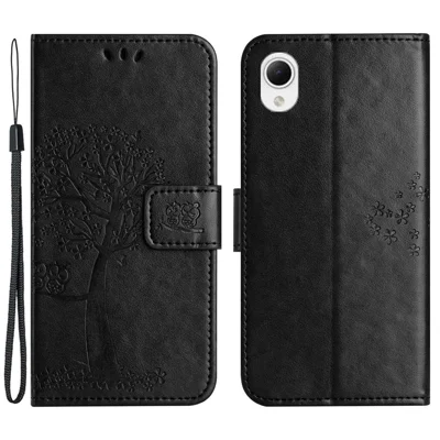 For Samsung Galaxy A23e / A23s PU Leather Phone Case Imprinted Owl Tree Pattern Wallet Stand Magnetic Clasp Cover - Black