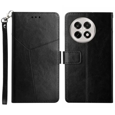 For OnePlus 13R 5G Case with Wrist Strap Y Shaped Lines Imprint Leather Phone Cover - Black