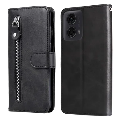 Zipper Wallet Case for Motorola Moto G04 4G / G24 4G / G04s 4G / E14 4G PU Leather Phone Cover Calf Texture - Black