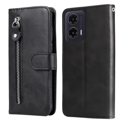 For Motorola Moto G35 5G Case Zipper Wallet Calf Texture PU Leather Phone Cover - Black