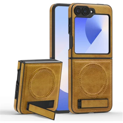 For Samsung Galaxy Z Flip7 FE 5G / Z Flip6 5G Magnetic Case with Folded Kickstand PC Silicone Leather Phone Back Cover  - Brown