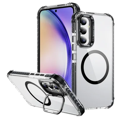 For Samsung Galaxy A34 5G Clear Phone Case with Lens Kickstand Cover Magnetic Case - Black