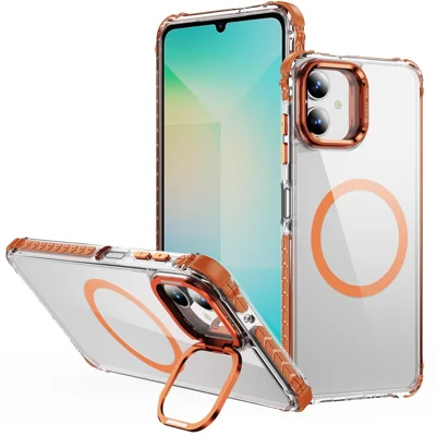For Samsung Galaxy A06 4G Clear Phone Case with Lens Kickstand Cover Magnetic Case - Orange