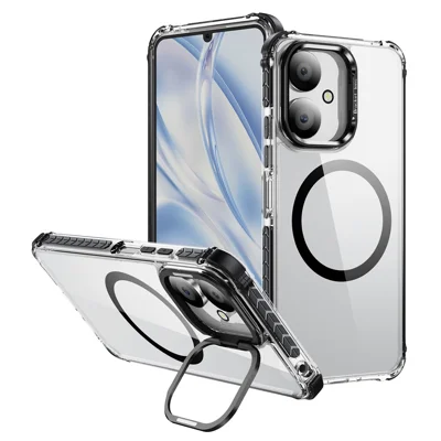Phone Case for Xiaomi Redmi 13C 4G / 13C 5G / 13R 5G / Poco C65 4G Clear Back Cover with Lens Kickstand Magnetic Case - Black