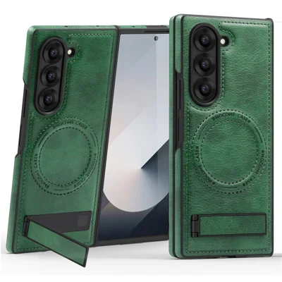 For Samsung Galaxy Z Fold6 5G Magnetic Case with Folded Kickstand PC Silicone Leather Phone Back Cover  - Blackish Green
