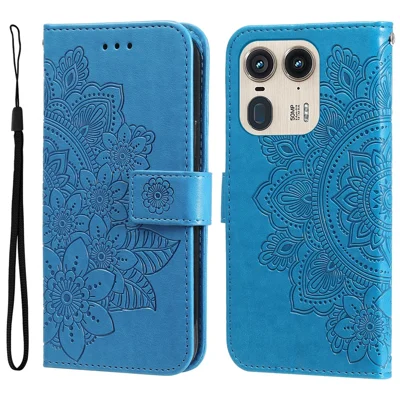 For Motorola Edge 50 Ultra 5G / Moto X50 Ultra 5G Case Floral Pattern PU Leather Wallet Stand Phone Cover - Blue