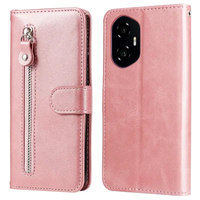 Til Honor 300 Etui med lynlåsewallet, kuets struktur af PU-læder - Rosa