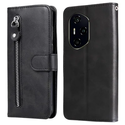 For Honor 300 Pro / 300 Ultra Case Zipper Wallet Calf Texture PU Leather Phone Cover - Black
