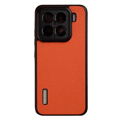 MELKCO For Xiaomi 15 Case Genuine Cow Leather Coated PC Phone Cover - Orange