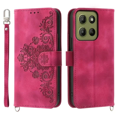 Voor Motorola Moto G15 4G hoesje met bloemenpatroon PU lederen portemonnee telefoonhoes met draagkoord - Wijnrood